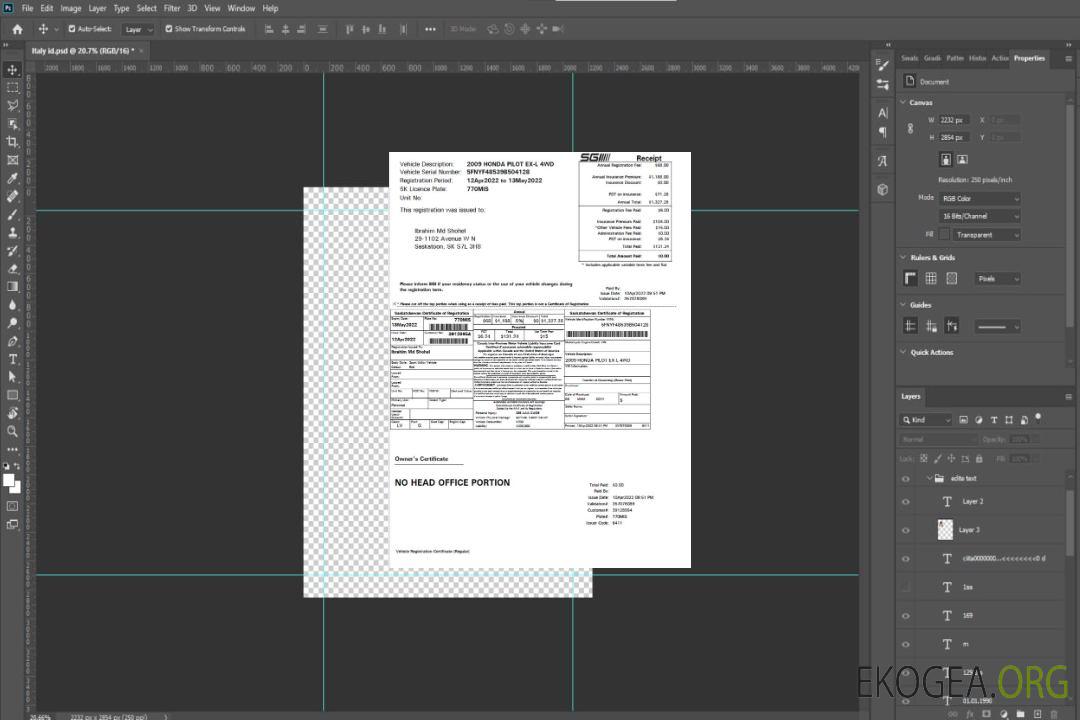 Canada Saskatchewan Certificat d'immatriculation du véhicule template